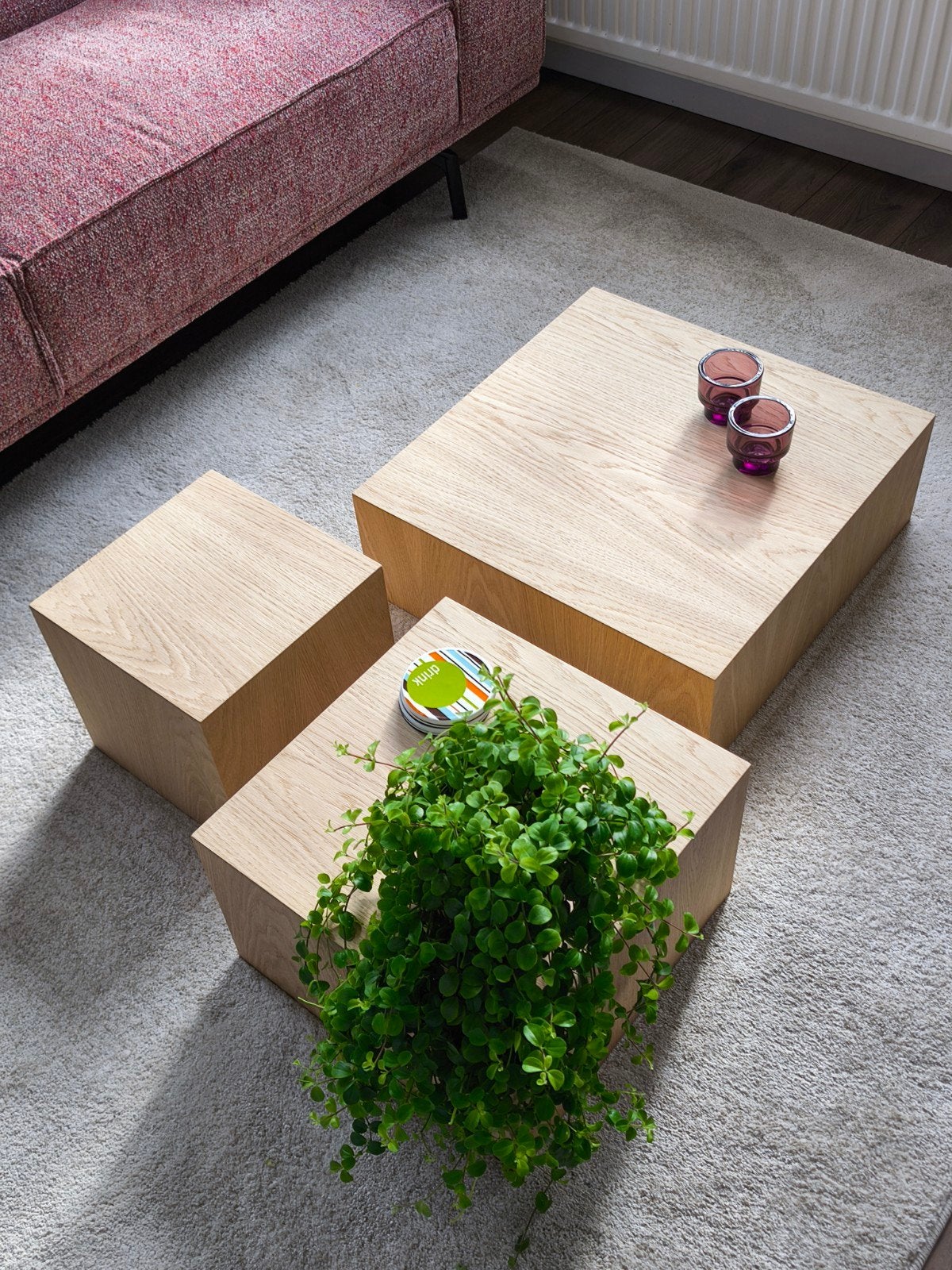 Handgemaakte Japandi salontafel set - Eikenfineer - Zgan, Huis en Inrichting, Ophalen, Eikenhout, 50 tot 100 cm, Vierkant