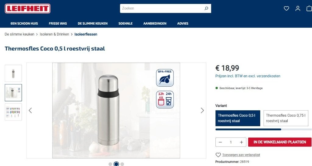 RVS LEIFHEIT 0,5 ltr. thermosfles "COCO". Onbreekbaar, Ophalen of Verzenden, Gebruikt