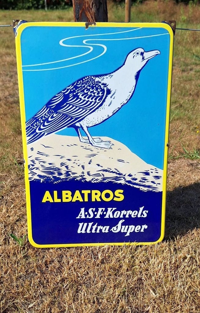 Vintage emaille reclamebord van Albatros A.S.F. Korrels., Reclamebord, Gebruikt, ., Ophalen of Verzenden