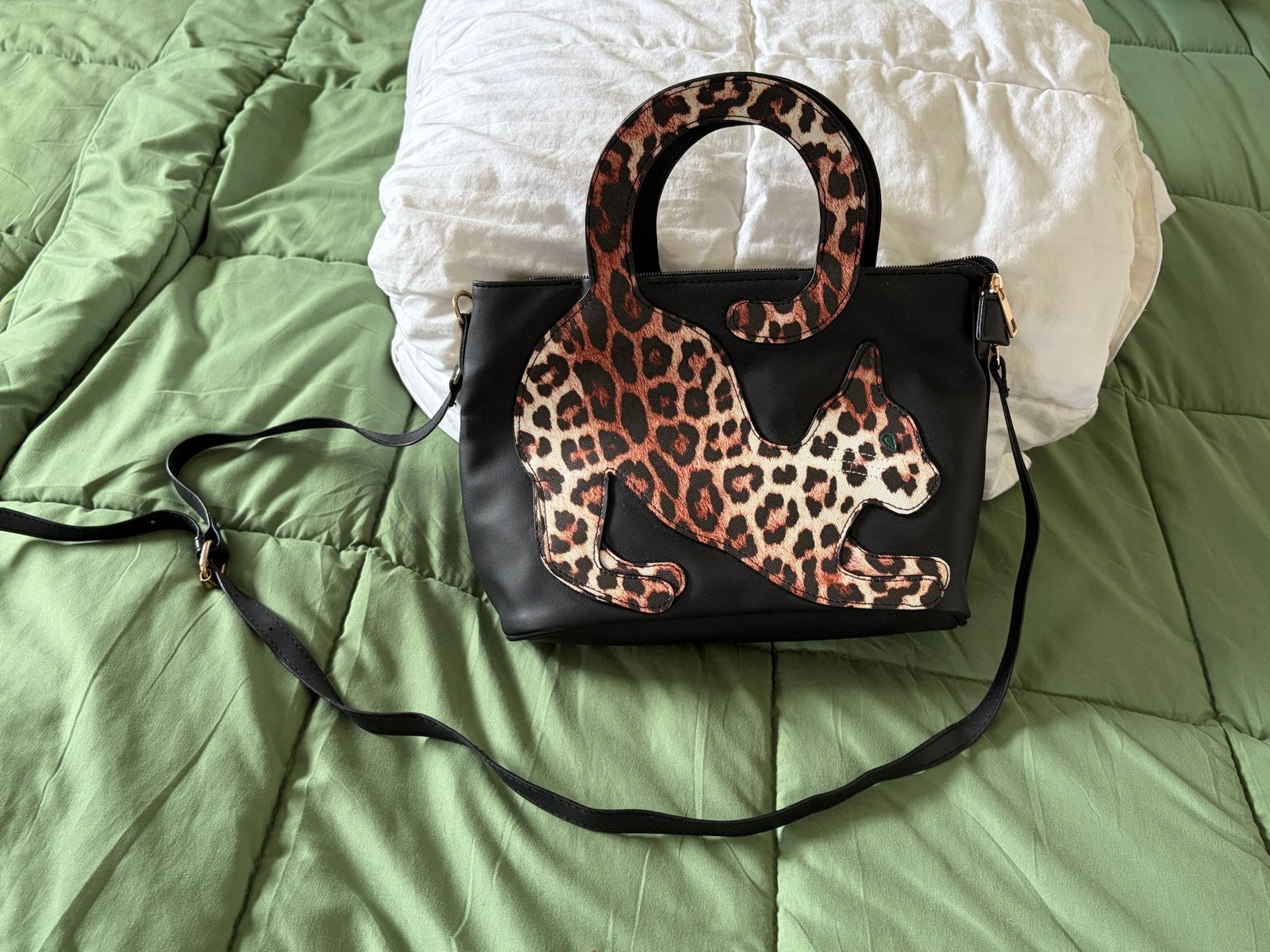 Zwarte handtas met luipaardprint kat design, Ophalen of Verzenden, Gebruikt, Zwart, Handtas