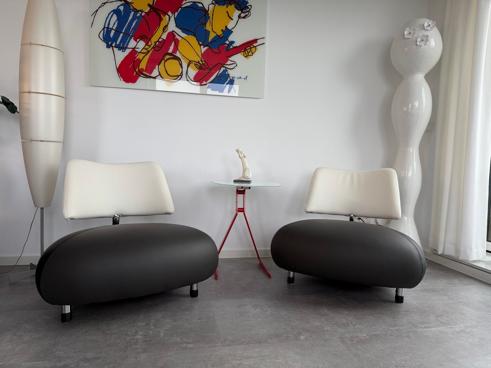 Leolux Pallone fauteuils, 2 stuks, zwart met wit leer, Ophalen, Twee, Zwart, Leer