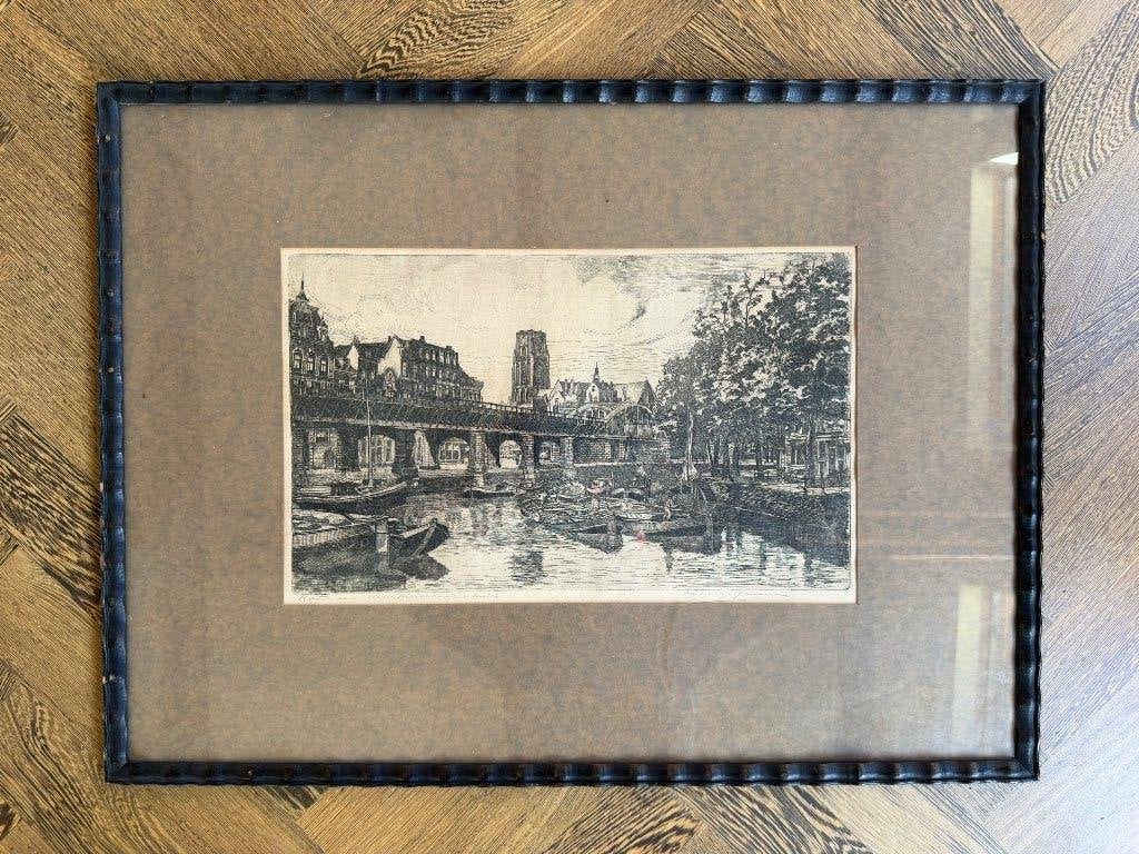 Ets Rotterdam de Kolk, Laurenskerk en spoorbrug, Ophalen, Ingelijst, Stadsgezicht, 50 cm