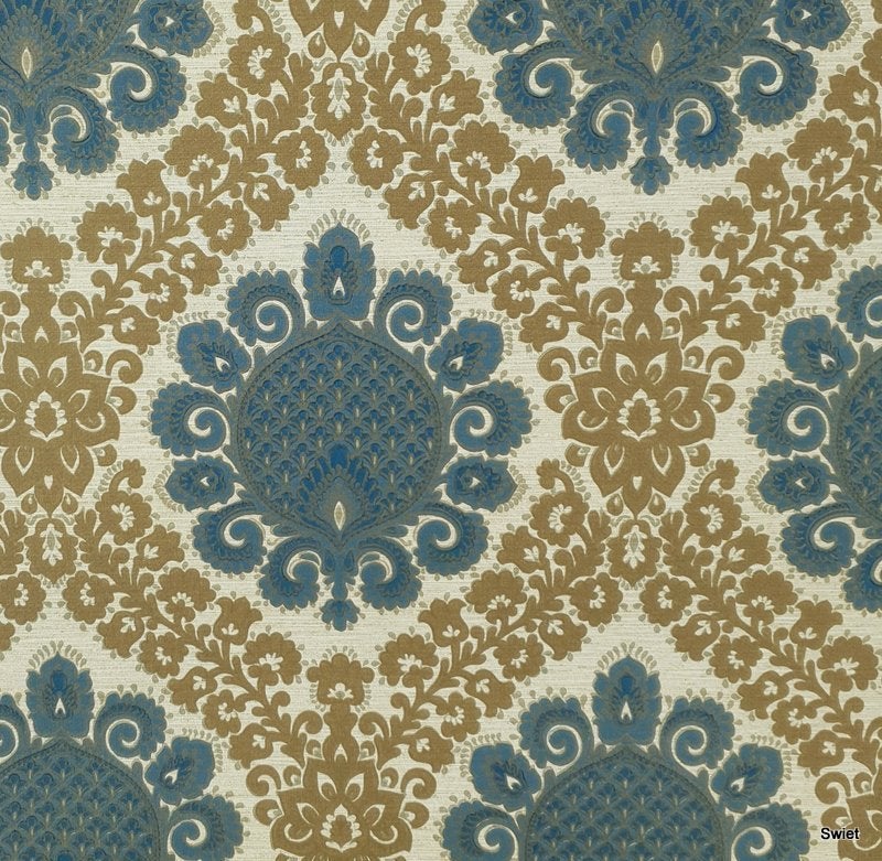 13190 Vintage barok behang met blauw dessin en goud swiet, Ophalen of Verzenden, Bruin