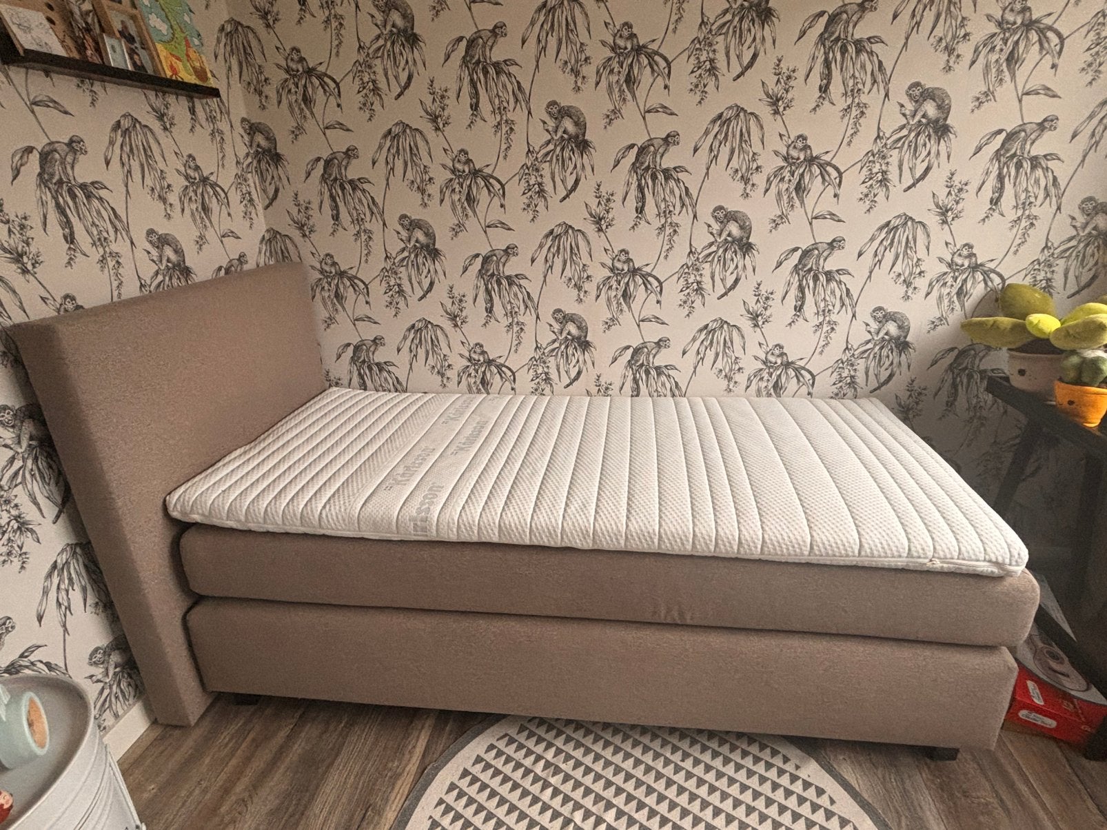 Nette boxspring 100x200 taupe/beige incl. matras & topper, Huis en Inrichting, Ophalen, Gebruikt, 90 cm, Eenpersoons