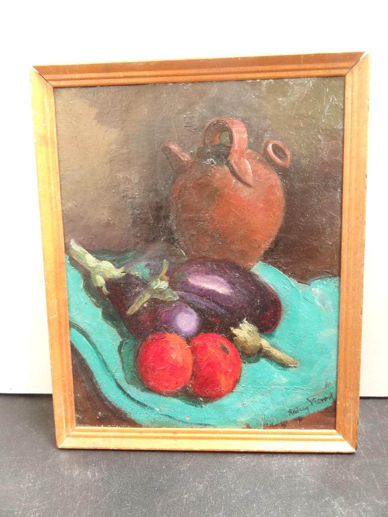 Kleurrijk olieverf stilleven aubergines kruik Andrey Prevost, Verzenden