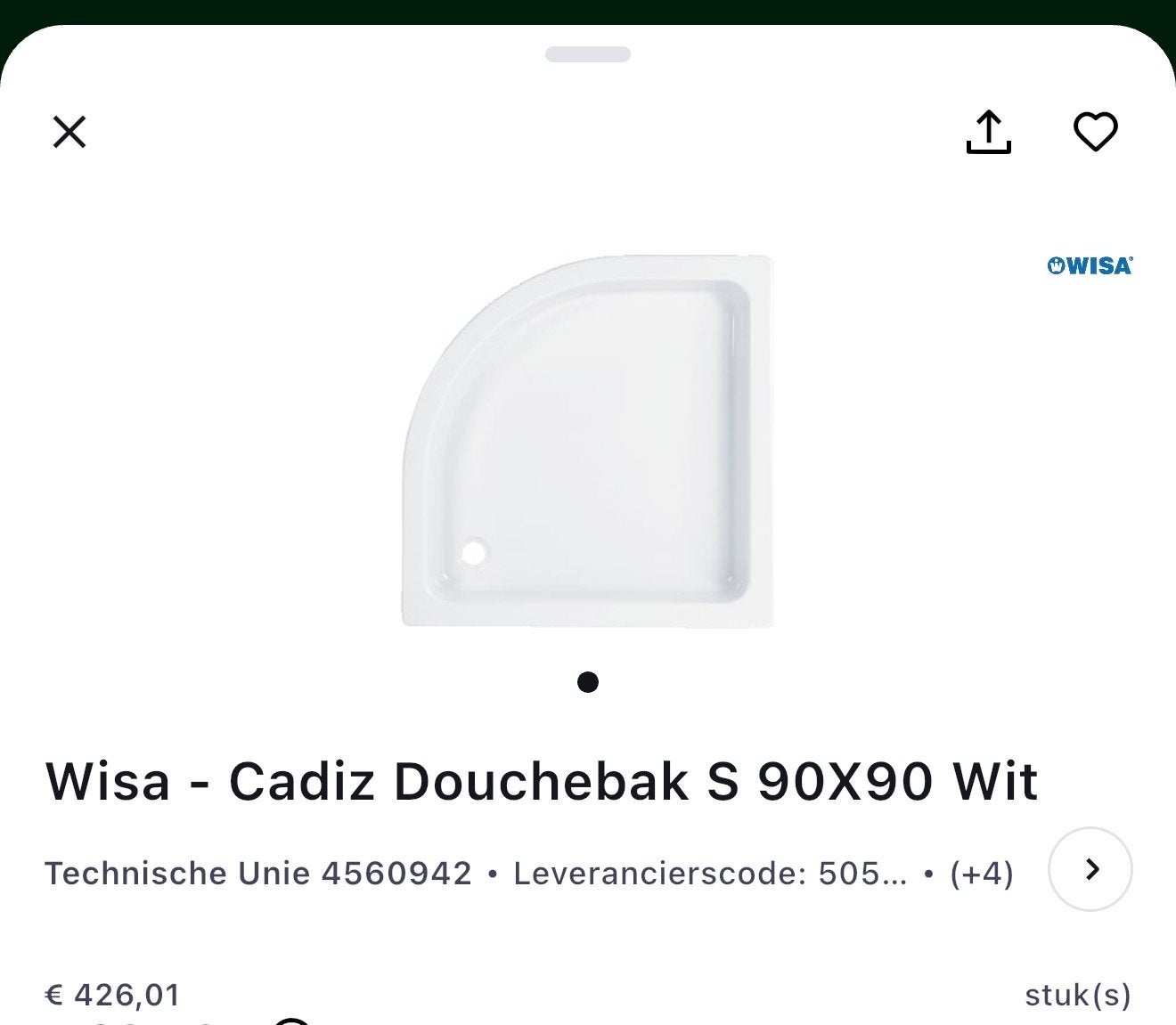 Wisa Cadiz Douchebak S 90x90 Wit, Ophalen of Verzenden, Nieuw, Douche