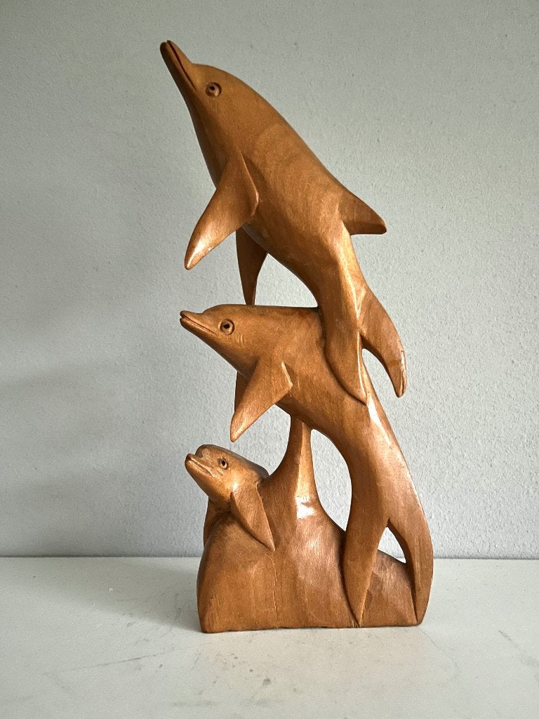Vintage seventies houtsnijwerk dolfijnen, Overige typen, Ophalen of Verzenden, 20 - 50 cm, Zeeleven