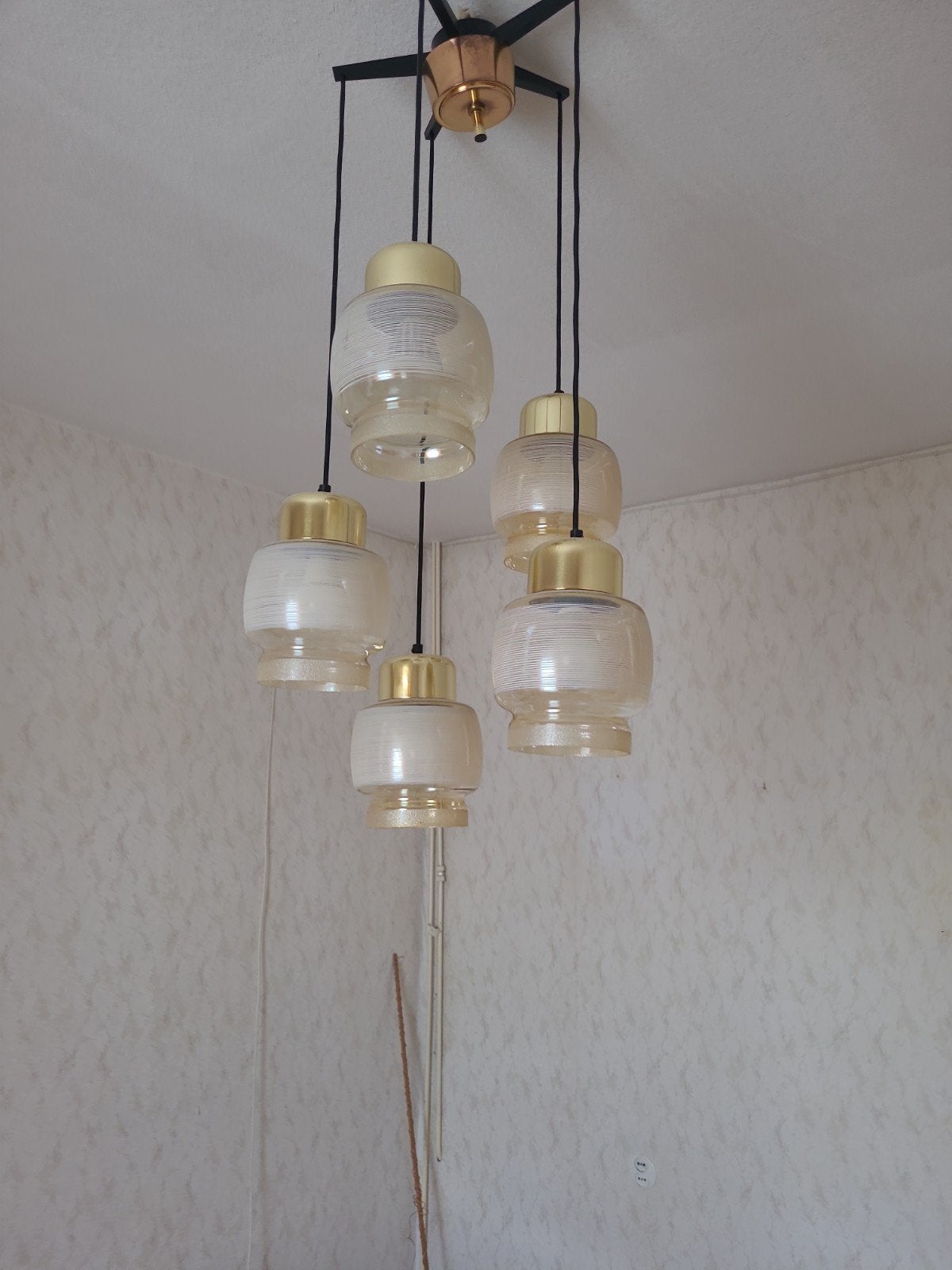 Vintage 5 lichts cascade hanglamp laat 60s begin 70s complee, Ophalen