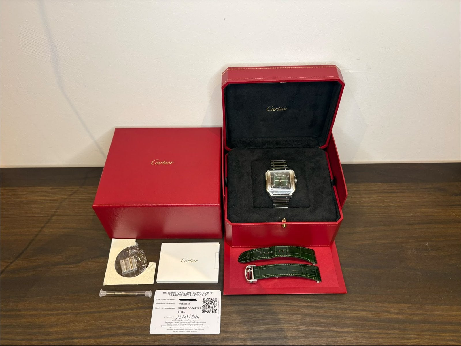 Cartier Santos L green dial WSSA0062 FULL SET garantie., Staal, Cartier, Staal, Cartier