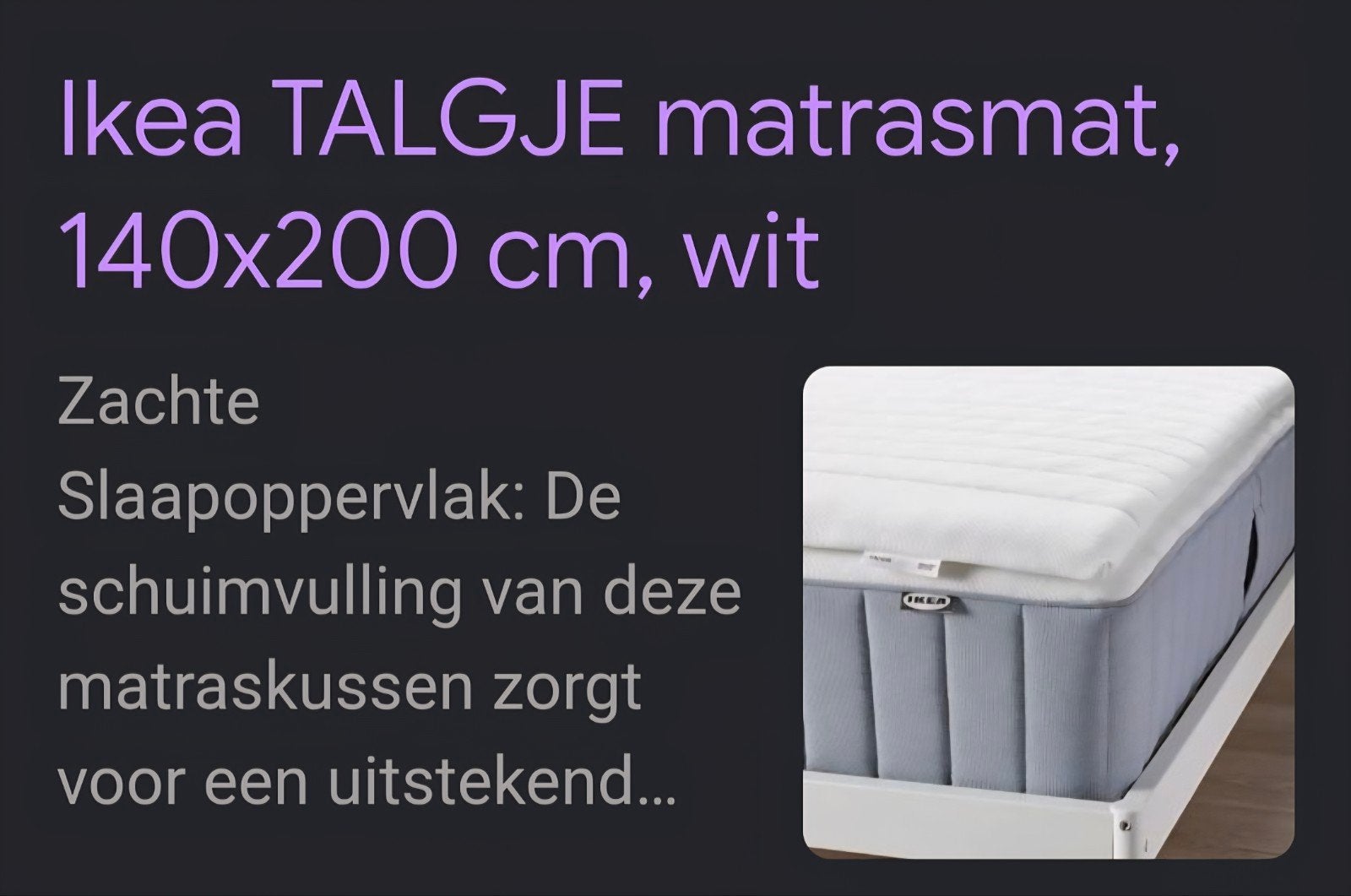 Ikea topper 140x200, Ophalen, Zo goed als nieuw, Tweepersoons, 140 cm