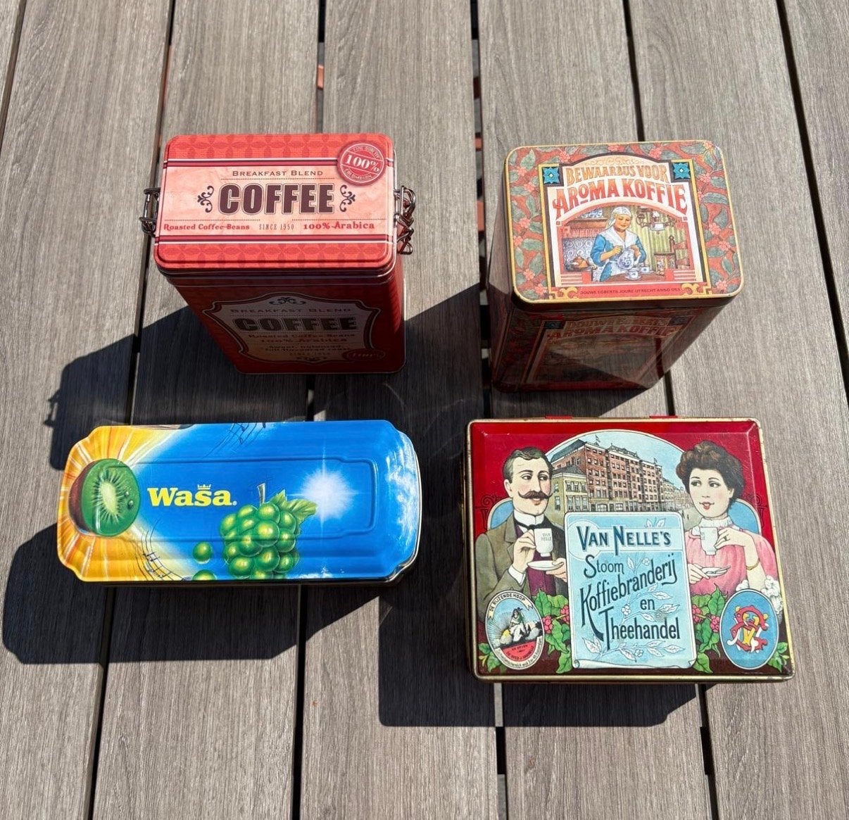 Set van 4 vintage blikken: Douwe Egberts, Van Nelle, Wasa, C, Ophalen of Verzenden, Gebruikt, Koffie, Douwe Egberts