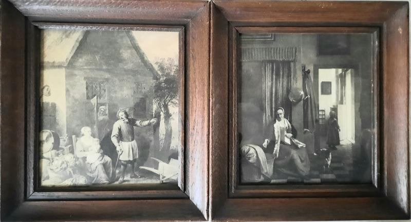 2 Prenten in eikenhouten lijstjes, Ophalen of Verzenden, Overige typen, Achter glas