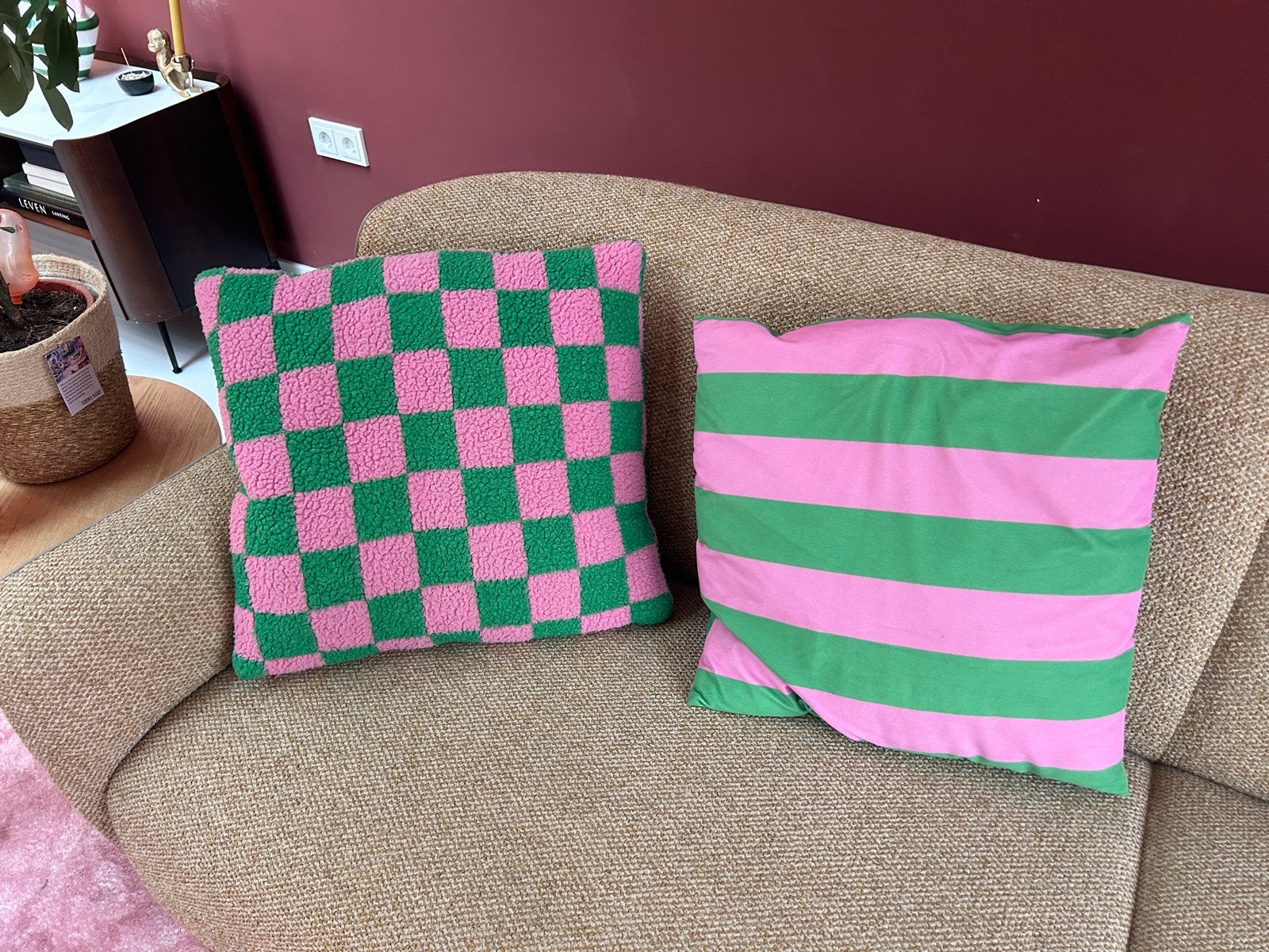 Set van 2 roze en groene sierkussens, Ophalen, Overige merken, Meerkleurig, Met print