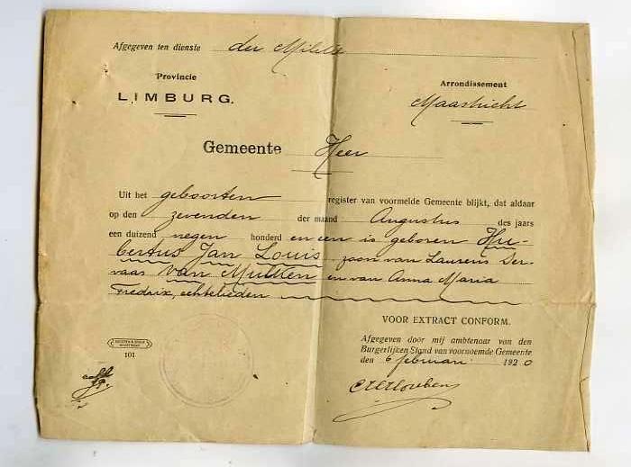 MAASTRICHT-geboortebewijs-van mulken?, Ophalen of Verzenden, Voor 1920, Limburg