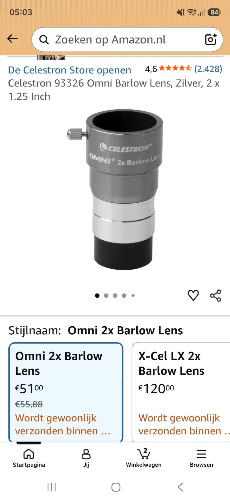1.25inch celestron omni 2x barlow, Ophalen of Verzenden, Nieuw, Minder dan 80 mm, Onderdelen of Toebehoren