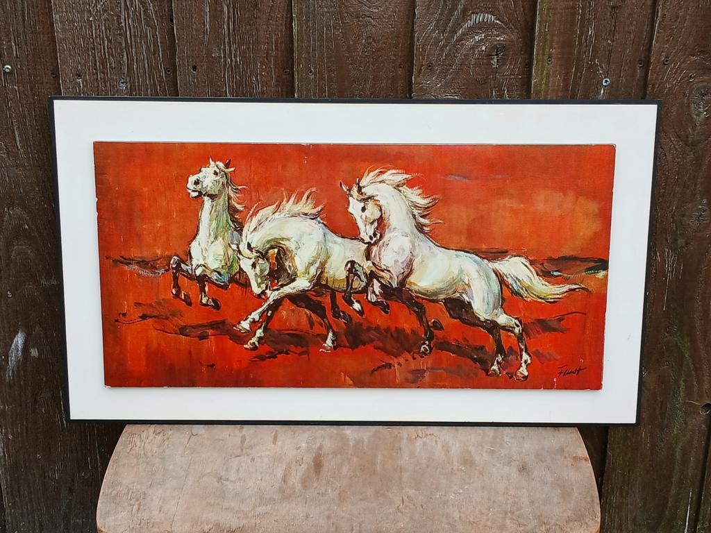 Vintage Faust Schilderij Witte Paarden Jaren 70, Antiek en Kunst, Ophalen of Verzenden