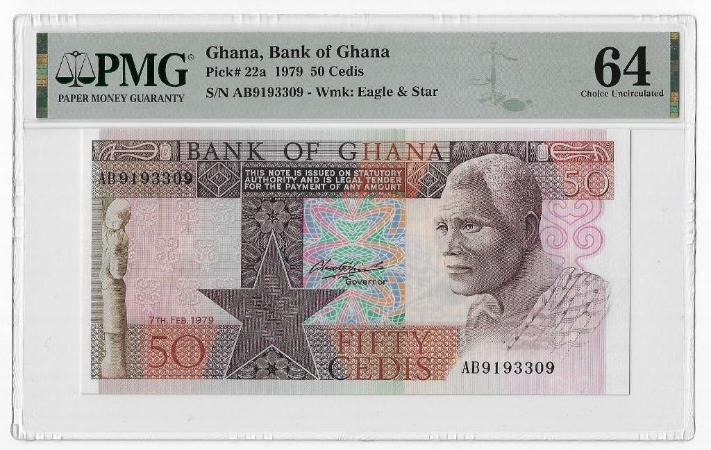 Ghana 50 Cedis 1979 Unc PMG 64 EPQ, Ophalen of Verzenden, Overige landen, Los biljet