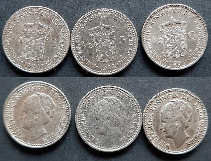 Halve guldens 1921, 1922, 1930, Verzenden, Koningin Wilhelmina, ½ gulden, Zilver