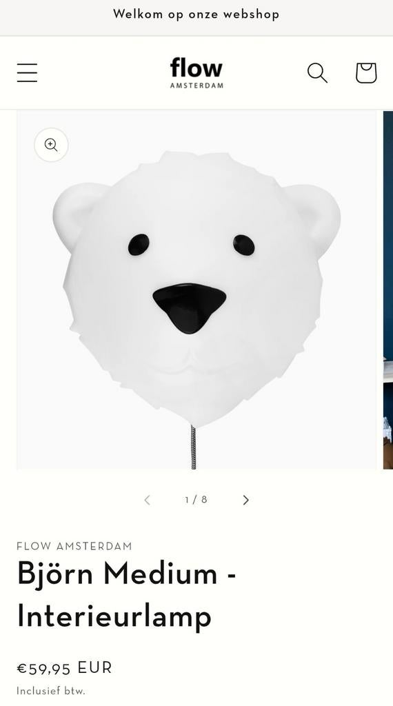 Nieuwe Flow Amsterdam Bjorn Grote Wandlamp - IJsbeer Design, Ophalen of Verzenden, Nieuw, Kinderkamer, Speels, Modern