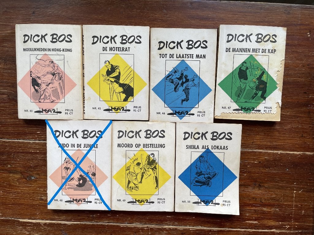 6 Dick Bos boekjes nr. 40, 45, 46, 47, 49, 50 1964-1965, Gelezen, Dick Bos, Ophalen of Verzenden, Meerdere stripboeken
