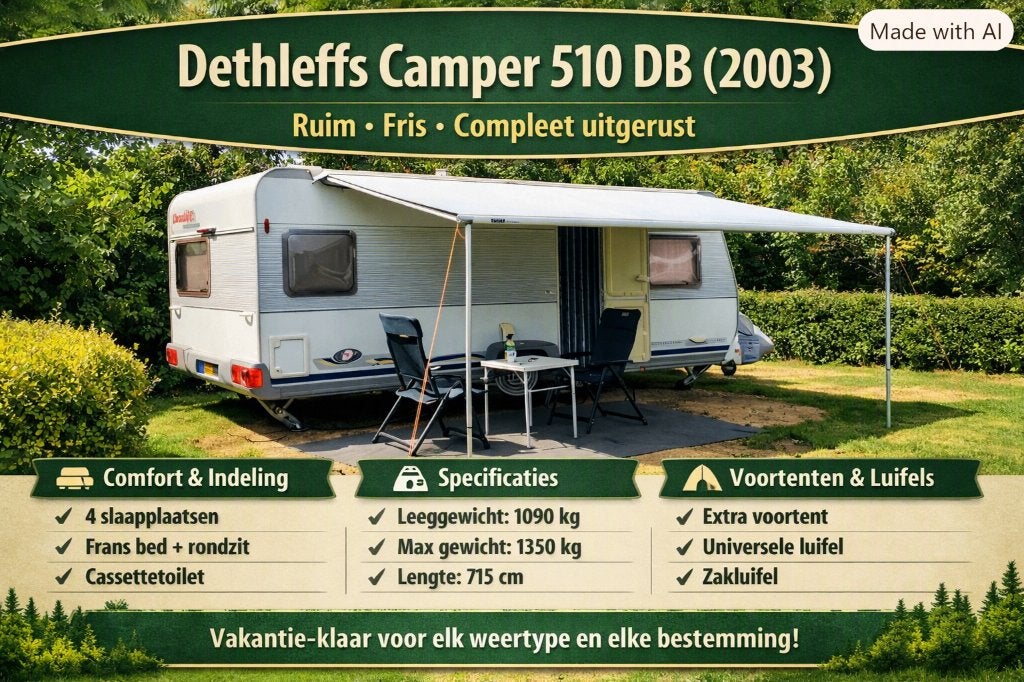 Dethleffs Camper 510 DB – Betrouwbaar en supernetjes, Vast bed, Voortentlamp, Rondzit, 7 tot 8 meter