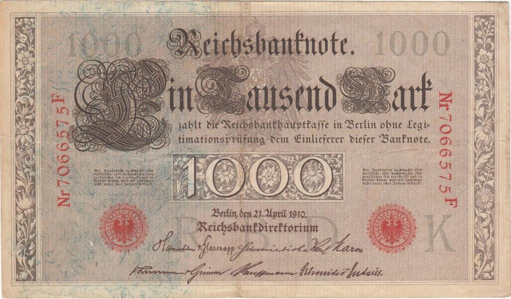 Duitsland bankbiljet 1000 Mark 21.4.1910, Pick 44b gebruikt, Ophalen of Verzenden, Duitsland, Los biljet