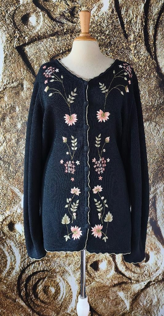 💖Prachtig 100% Baby Alpaca wollen bloemen vest XXL, Zwart, Maat 46/48 (XL) of groter, Ophalen of Verzenden, Zo goed als nieuw