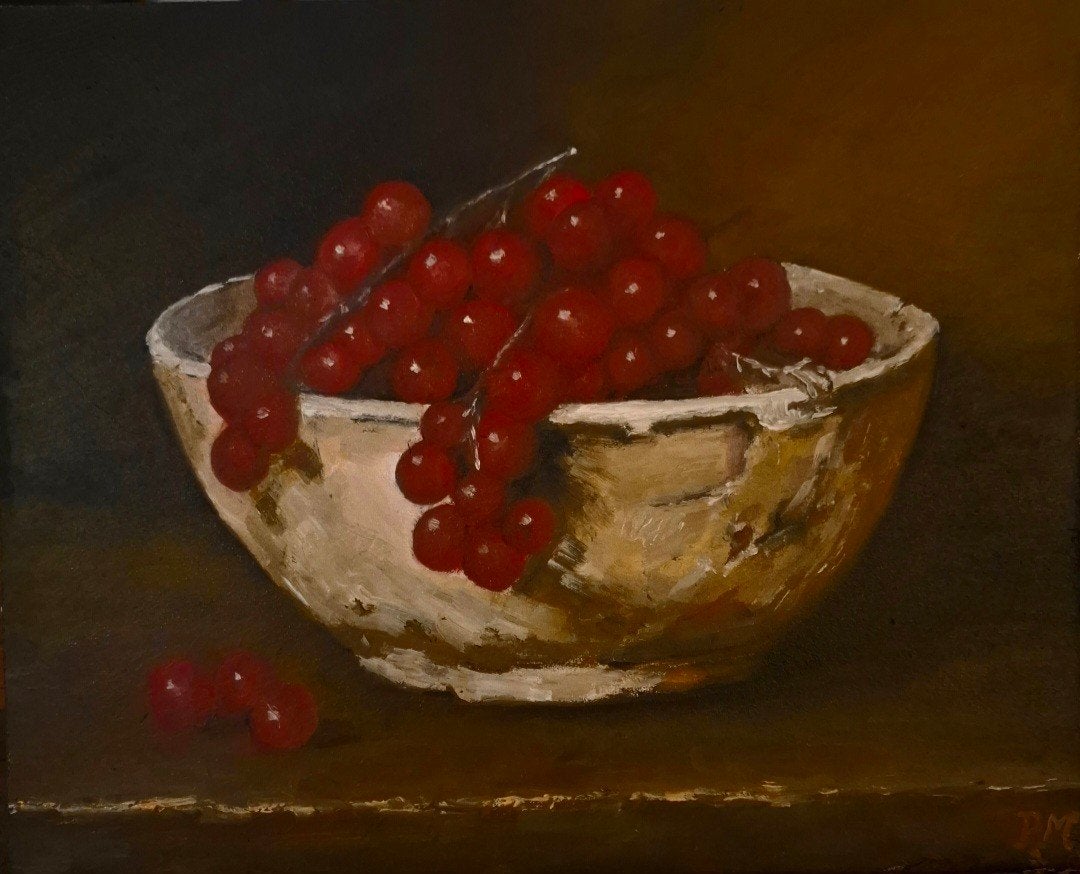 stilleven rode bessen 24x30 cm, Antiek en Kunst, Kunst | Schilderijen | Klassiek, Ophalen of Verzenden