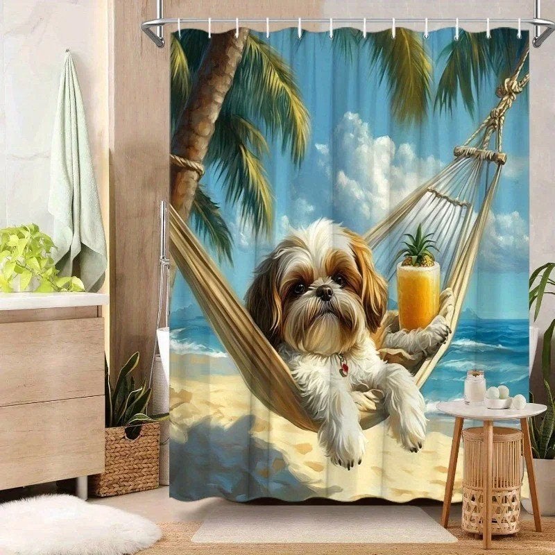 Douchegordijn Lieve hond in hangmat op strand (180x200cm)
