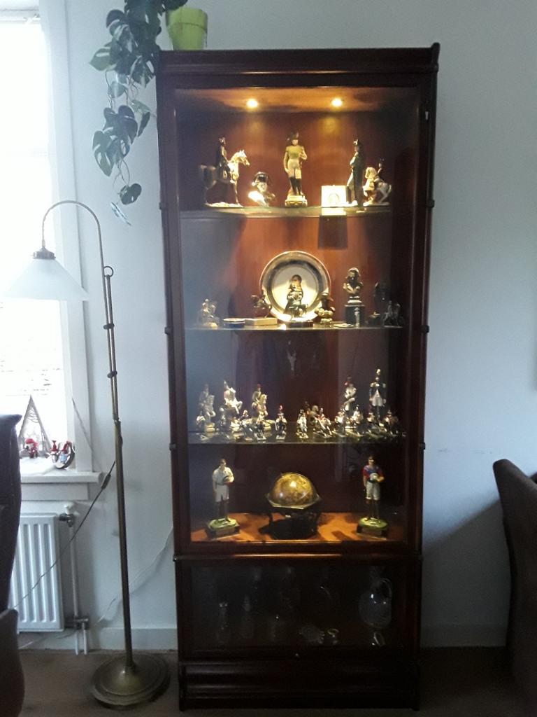Mahonie houten vitrinekast, Ophalen, 200 cm of meer, 50 tot 100 cm, Zo goed als nieuw