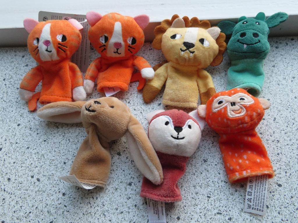 Vingerpopje van HEMA vosje poes/kat leeuw konijn monster aap, Hema, Ophalen of Verzenden, Zo goed als nieuw, Wasbaar