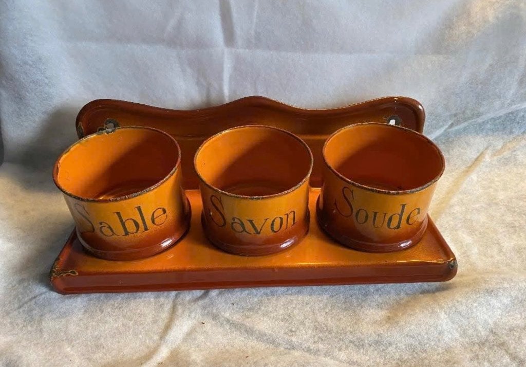 Oranje antiek Emaille zand zeep soda, vaste prijs, Ophalen of Verzenden