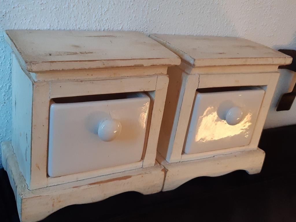 Houten gruttersbakken  met porselein "lades"stoer brocante, Antiek en Kunst, Ophalen of Verzenden