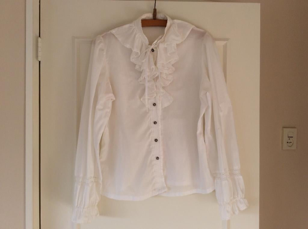 Vintage blouse met gehaakte details en zilveren knoopjes, Maat 38/40 (M), Verzenden, Wit, Zo goed als nieuw