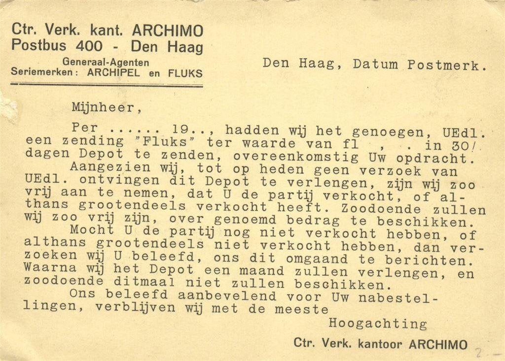 Ctr. Verk. kant. Archimo, Den Haag - 09.1941 - drukwerk, Ophalen of Verzenden, Briefkaart