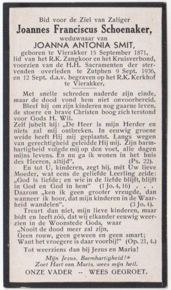 Joannes Fr. Schoenaker 1871 Vierakker + 1936 Zutphen, 64 jr, Verzenden