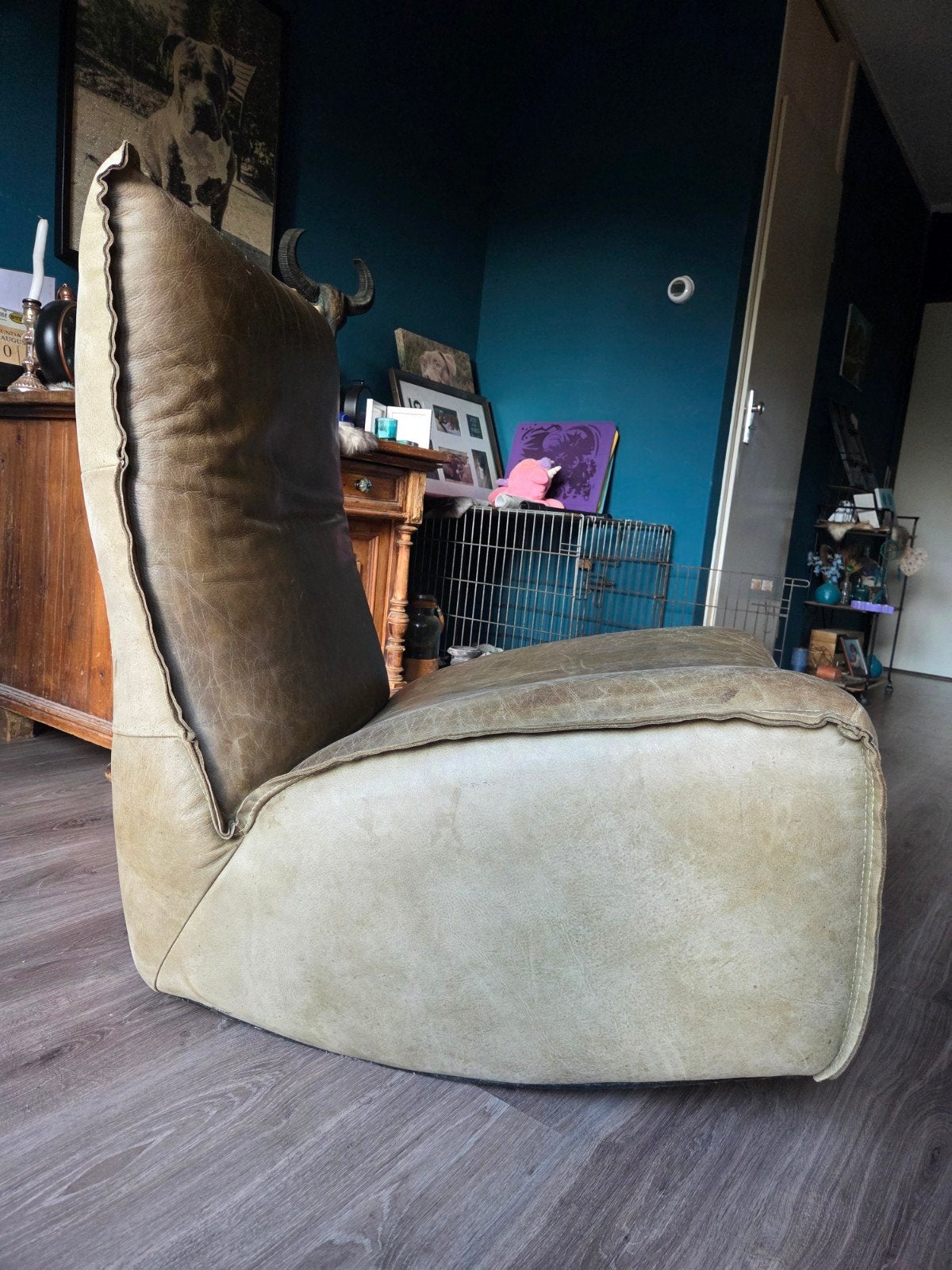 Chill Line Designer Schommel / Relax Stoel Olijfgroen Leer, Huis en Inrichting, Gebruikt, Overige kleuren, Leer, Ophalen of Verzenden
