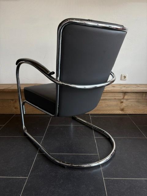 Gispen 412S fauteuil, chroom, grafiet grijs leder, Design, 75 tot 100 cm, Zo goed als nieuw, Leer