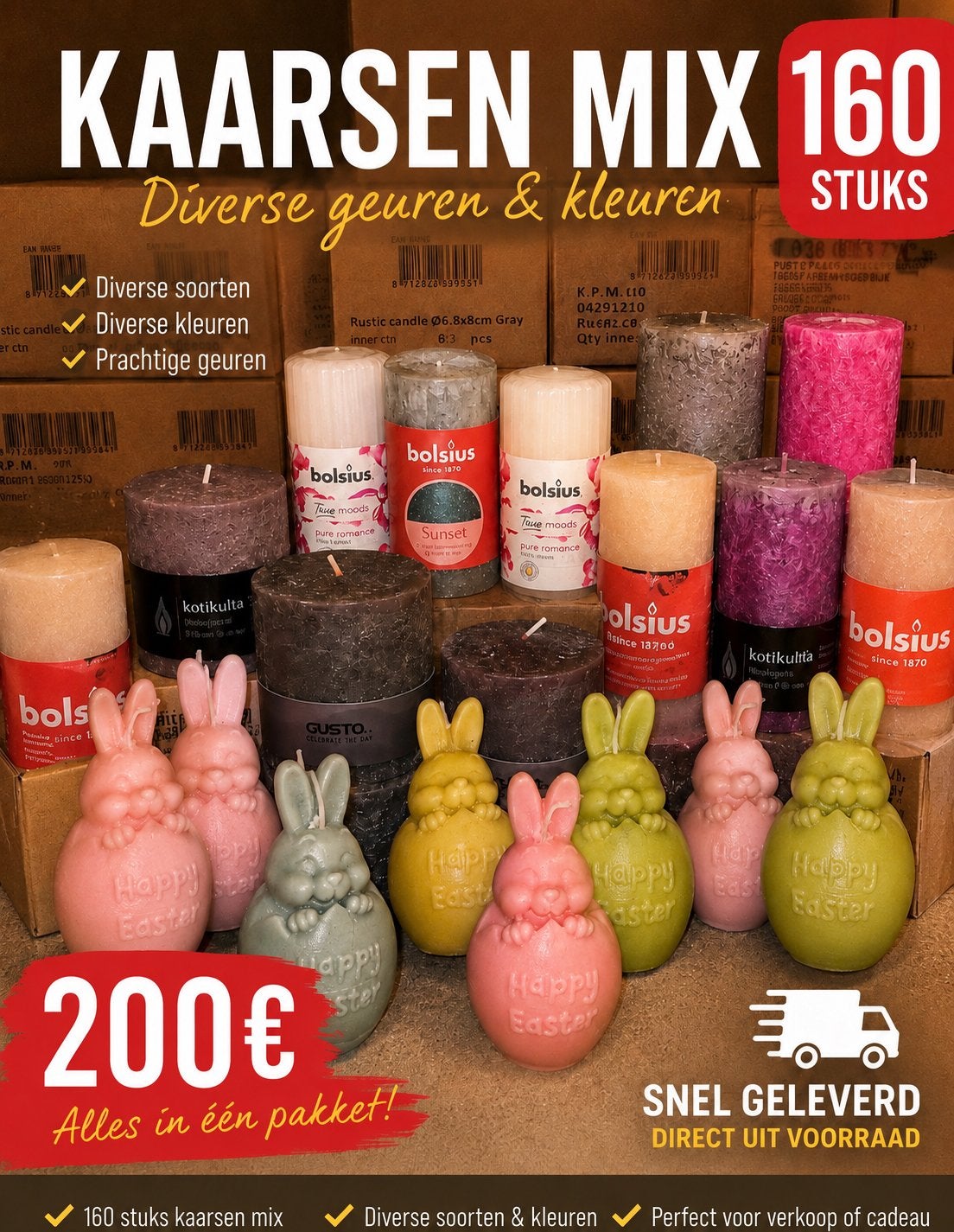 Partij van 160 Kaarsen Mix - Diverse Geuren & Kleuren, Overige materialen, Wit, Nieuw, Ophalen of Verzenden