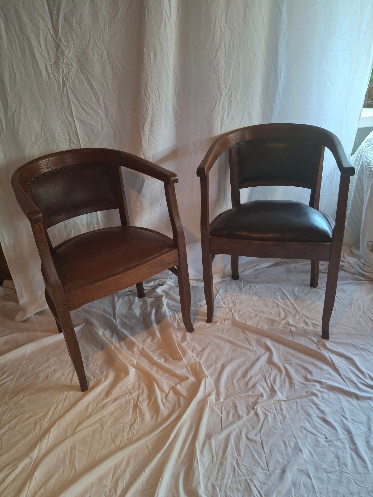 Set 2x Vintage Houten Stoelen met Lederen Zitting, Ophalen