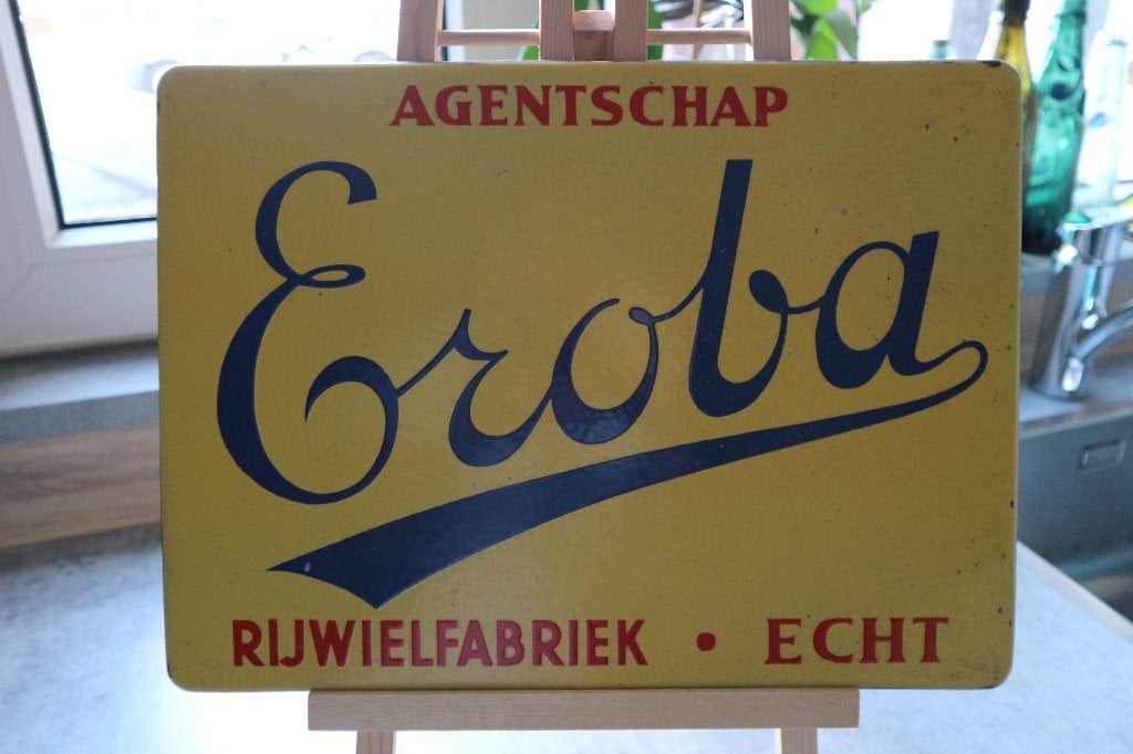Emaille bord fietsfabriek EROBA uit Echt, Verzamelen, Ophalen of Verzenden, Gebruikt, Reclamebord