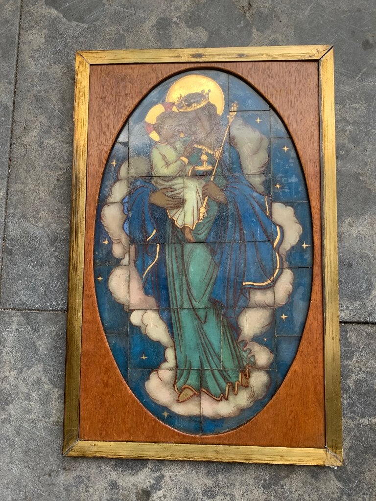 Houten lijst met mozaïek van Maria met kindje Jezus vintage, Antiek en Kunst, Portret of Personen, Overige technieken, Bijzondere lijst