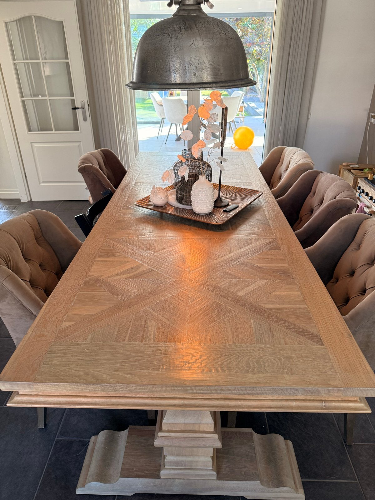 Luxe Eikenhouten Eettafel met stoelen en kloosterpoot, Huis en Inrichting, Ophalen, 100 tot 150 cm, Eikenhout, 200 cm of meer