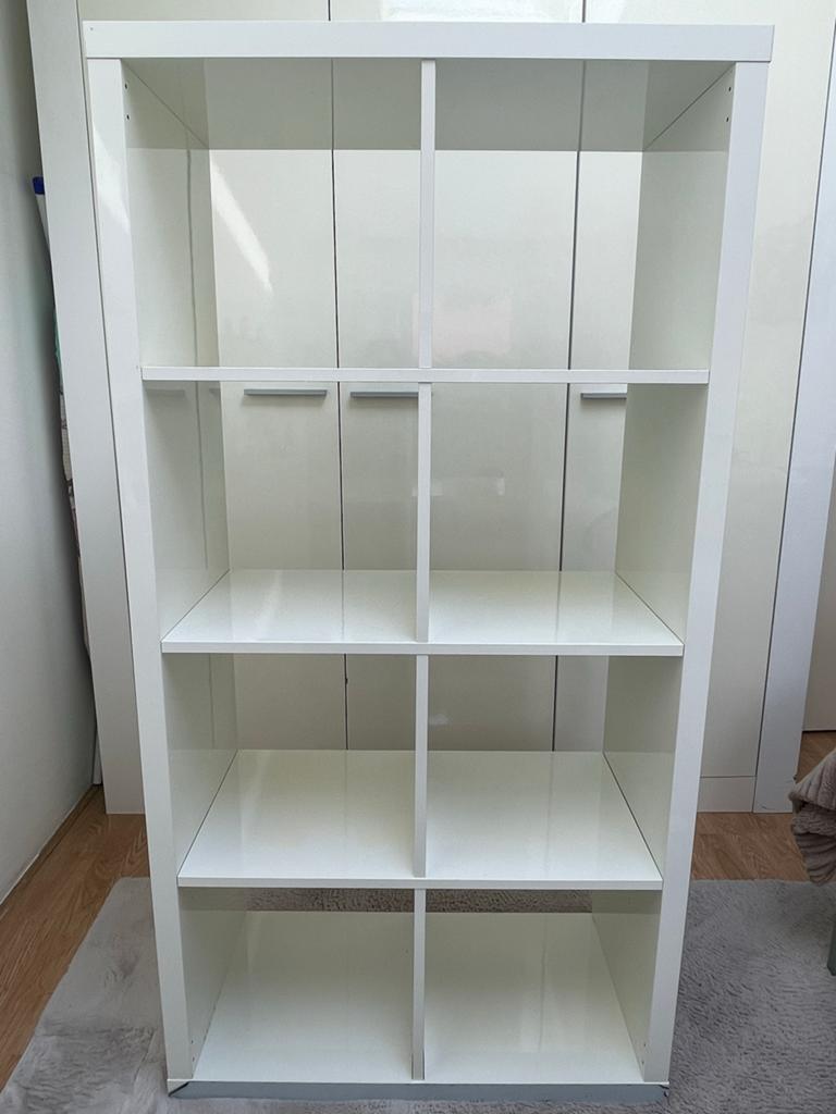 Hoogglans Witte Kallax Vakkenkast en 4 opbergers/accessoires, Huis en Inrichting, Kasten | Boekenkasten, Ophalen, Gebruikt, 100 tot 150 cm