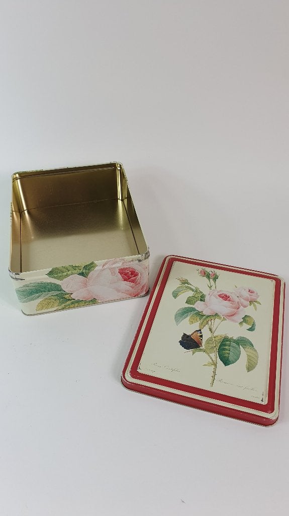 Brocante blik met Rozen. 15 x 19,5 cm. 7B12, Verzamelen, Blikken, Ophalen of Verzenden, Gebruikt, Koek(jes)