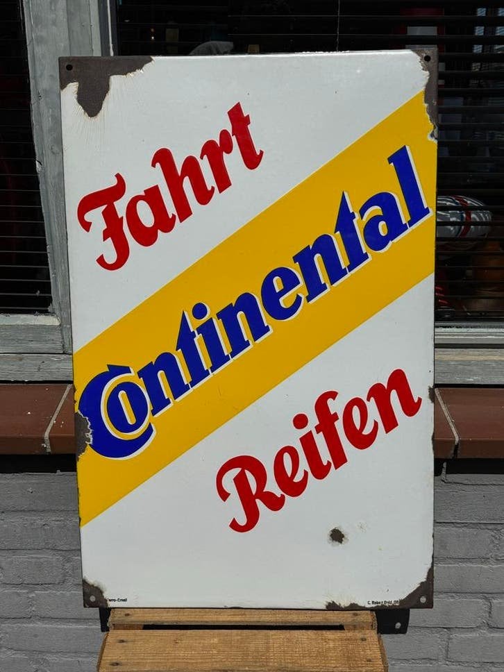 Vintage Emaille Bord 'Fahrt Continental Reifen', Ophalen