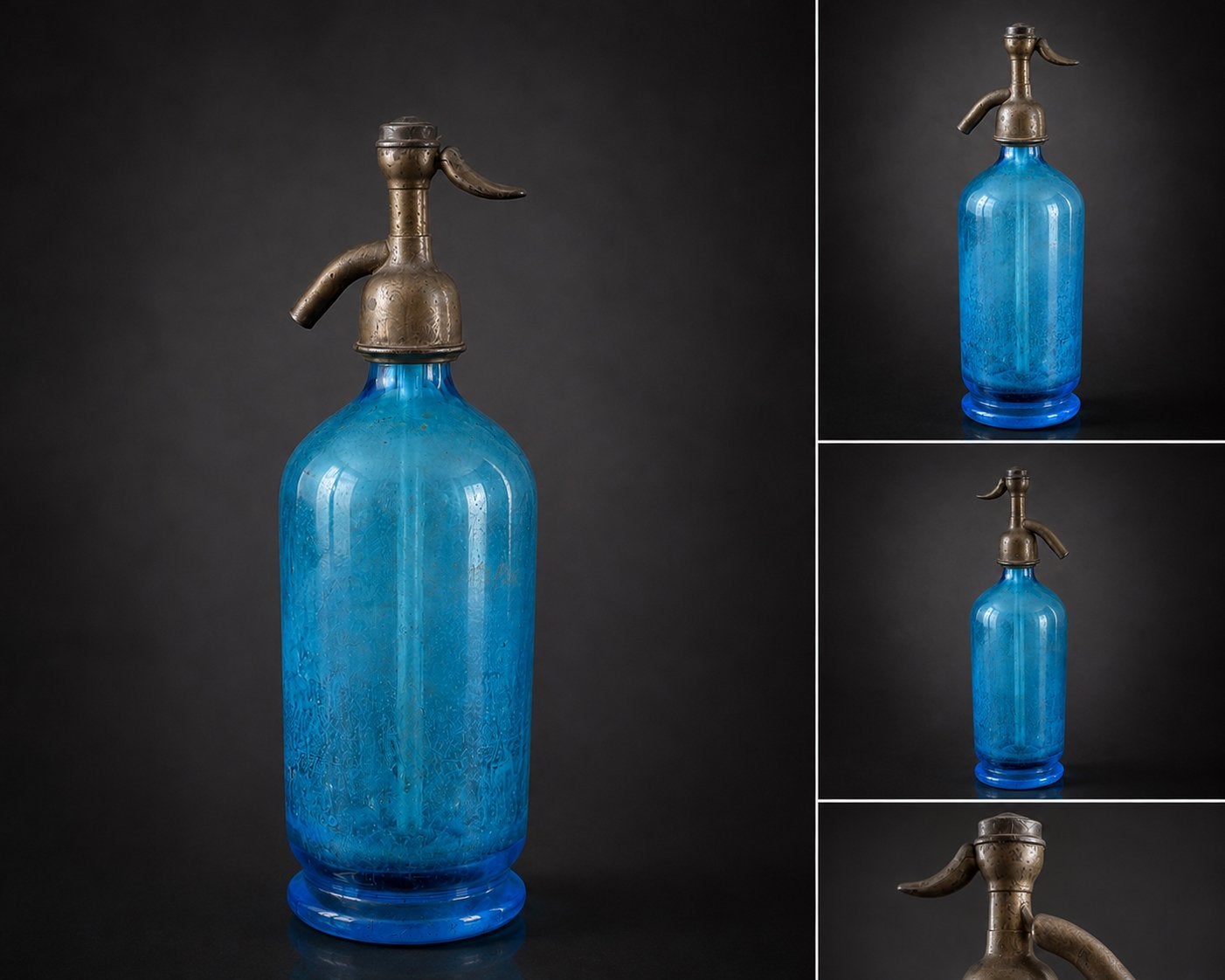 Antieke blauwe sifonfles – origineel glas met metalen kop, Antiek en Kunst, Ophalen of Verzenden