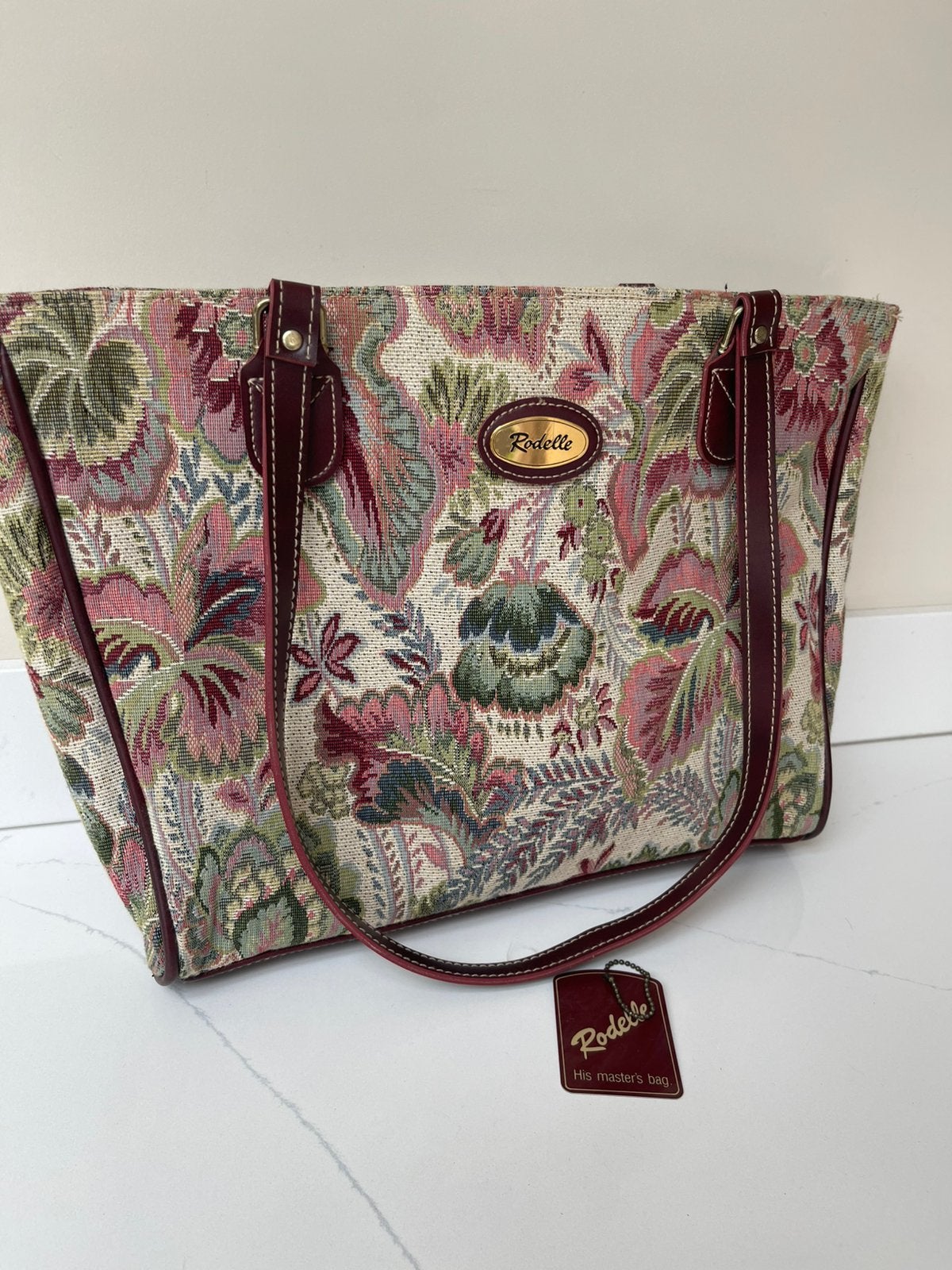 Vintage Gobelin tapestry schoudertas burgundy groen Rodelle, Ophalen of Verzenden, Zo goed als nieuw, Rood, Schoudertasje