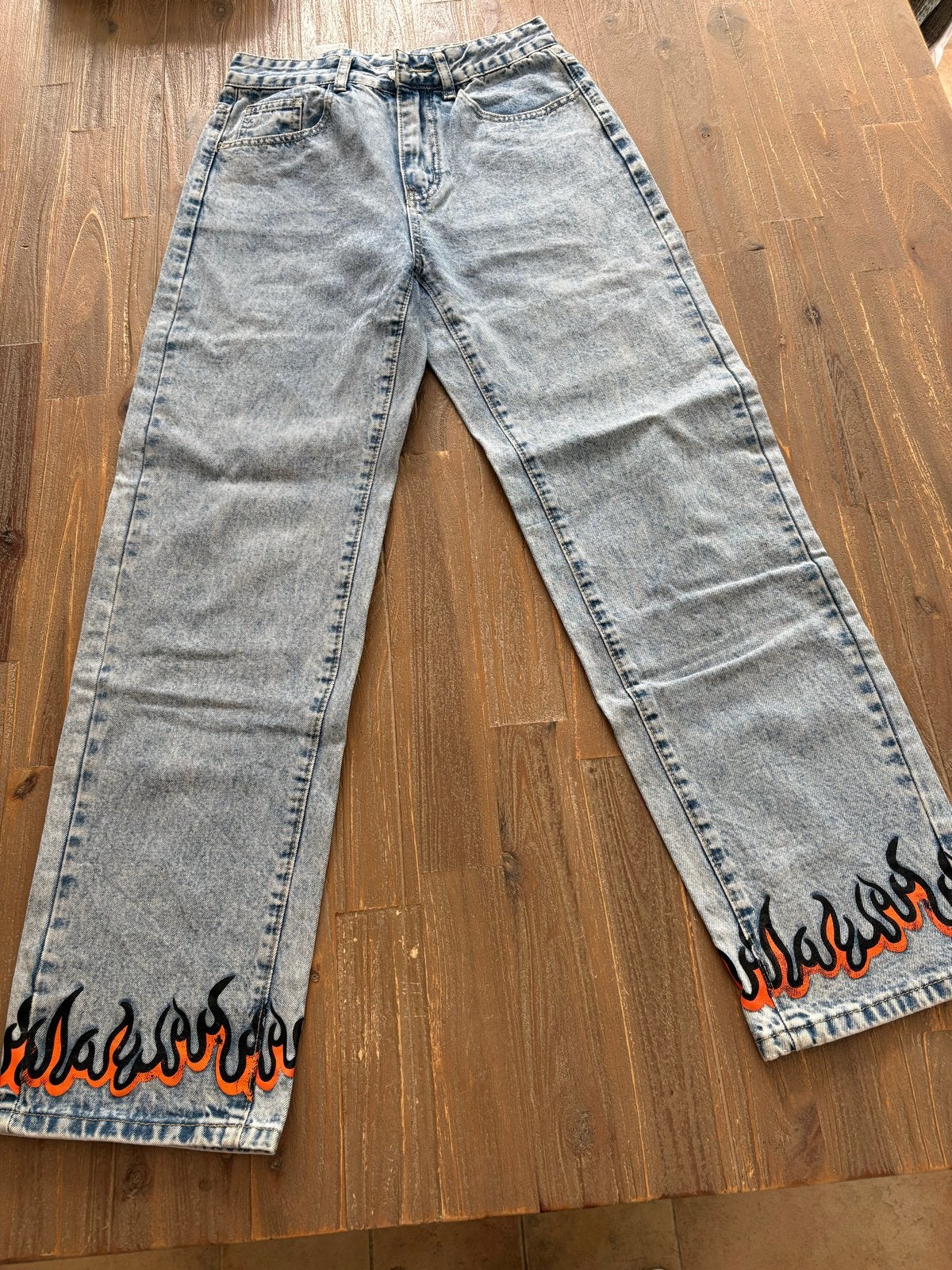 Zgan! Shein jeans met vlammenprint - mt xs/34, Ophalen of Verzenden, Zo goed als nieuw, Blauw, W27 (confectie 34) of kleiner