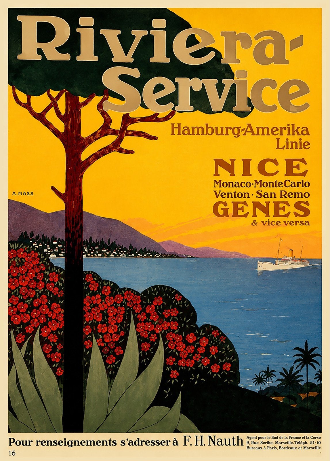 Vintage Riviera Service Reclameposter Hamburg-Amerika Lijn, Ophalen of Verzenden, Film en Tv